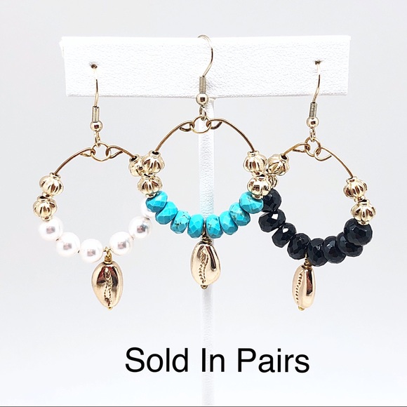 Gold Cowrie (Sea Shells) Hoops in Pearl, Turquoise or Black Spinel NWT, Gift Box - Picture 4 of 4